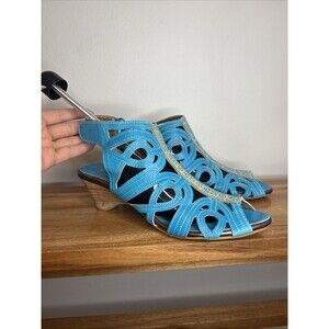 L Artiste Women's 39 8.5 Turquoise Blue Wedge Heel Strap Gladiator Ankle Sandal